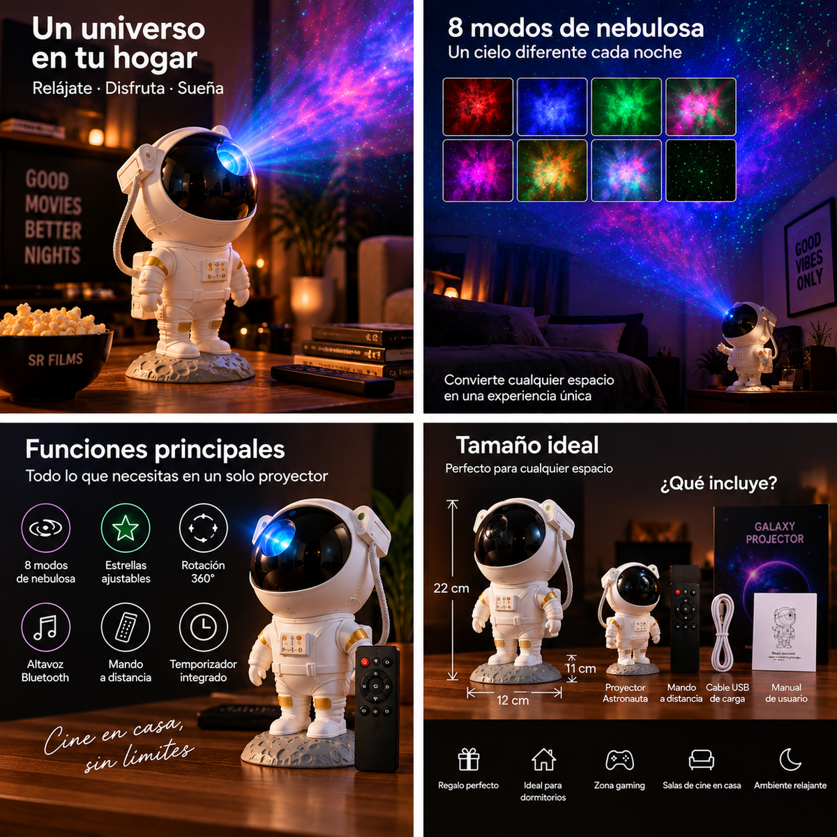 Proyector astronauta Galaxy en ambiente de cine en casa