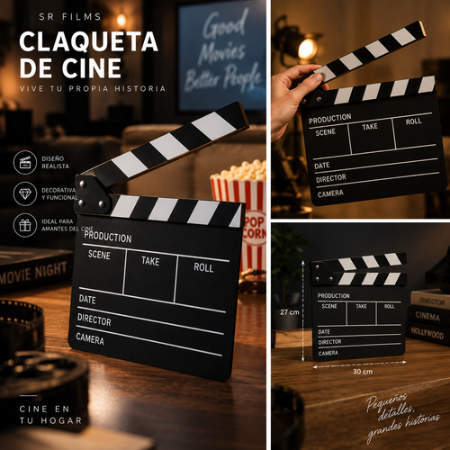 Claqueta de cine SR Films en ambiente de cine en casa