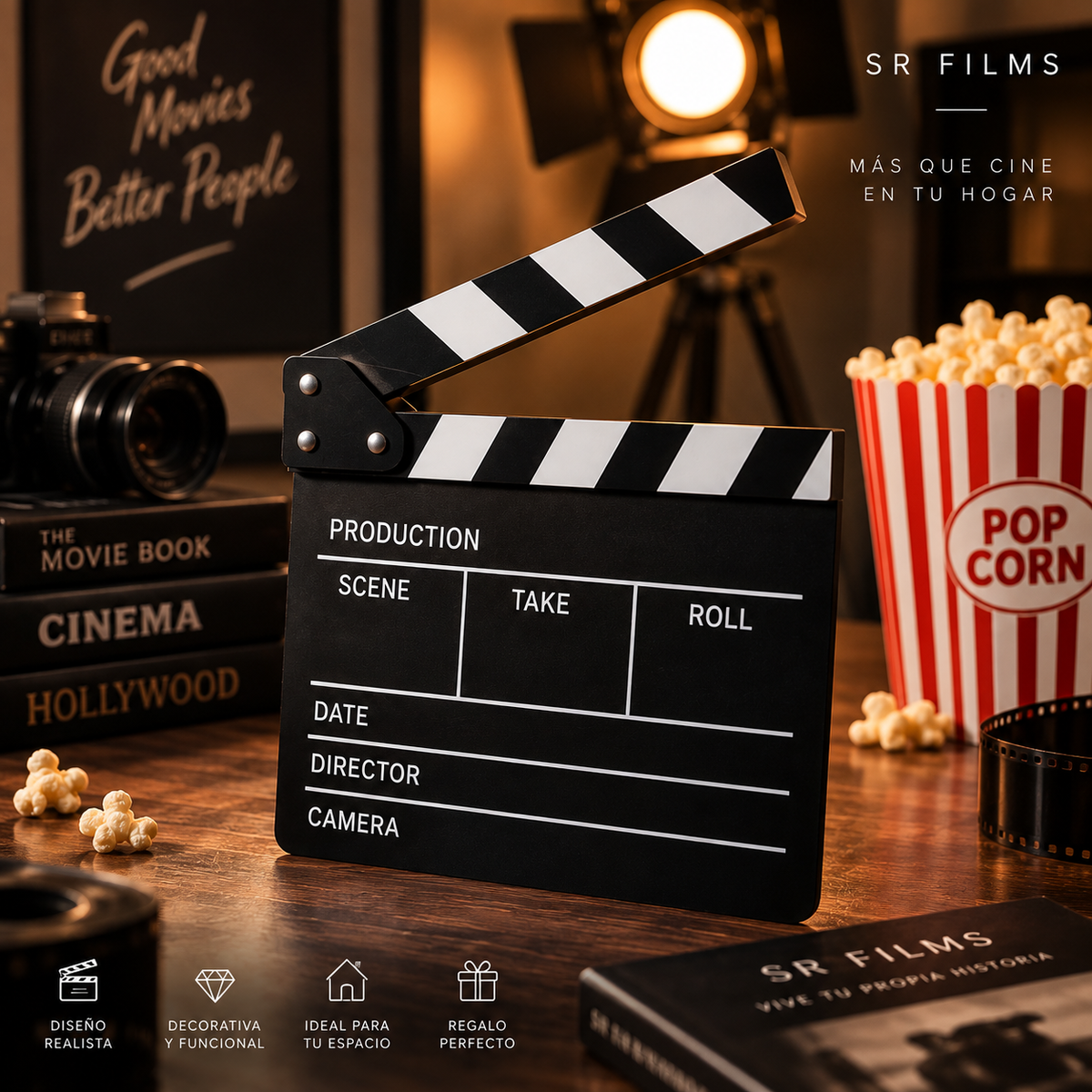 Claqueta de cine SR Films sobre mesa de película