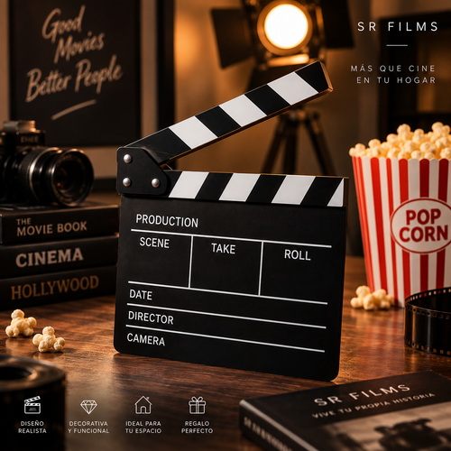 Claqueta de cine SR Films sobre mesa de película