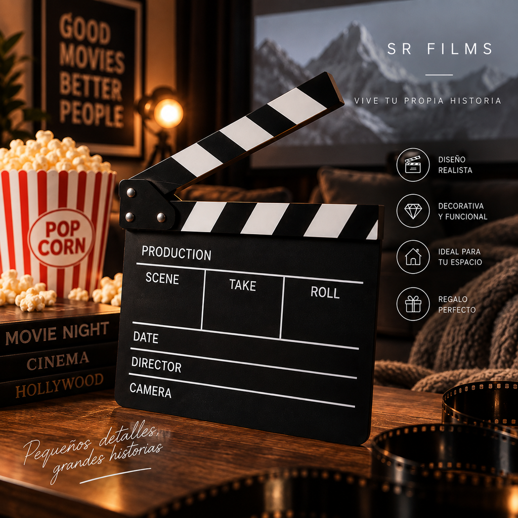 Claqueta de cine SR Films en noche de cine en casa
