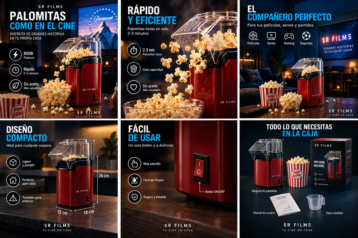 Máquina de palomitas SR Films en ambiente de cine en casa