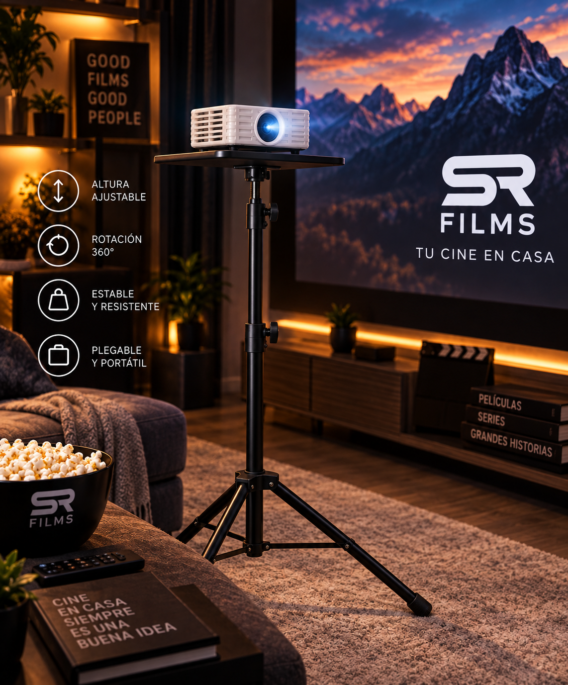 Soporte telescópico para proyector SR Films en cine en casa